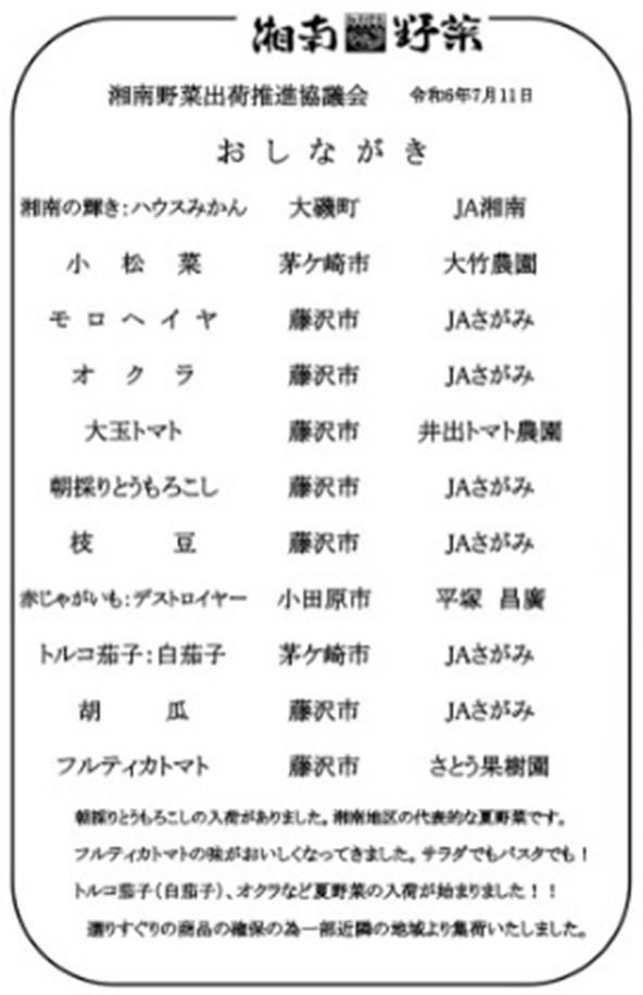 ◎【9/6お届け分限り】神奈川県産湘南野菜セット1箱（8～12品目）