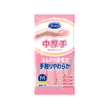 ファミリー ビニール手袋 中厚手 指先強化 M ピンク 1双