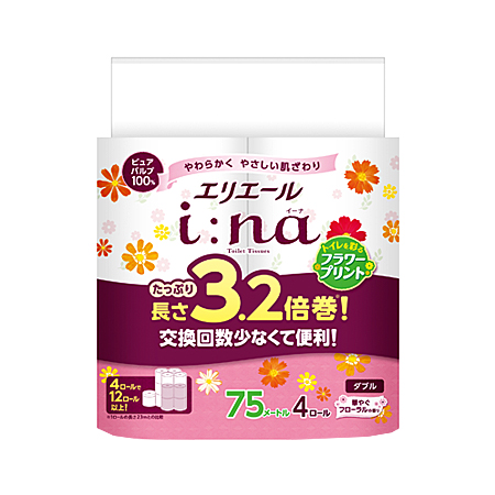 【香りつき】エリエール i：na(イーナ) トイレットティシュー 3.2倍巻 プリント ダブル 4ロール